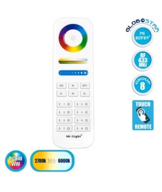 GloboStar® 73426 FUT089 Mi-Light Ασύρματο Χειριστήριο Αφής RF 2.4Ghz 8 Group για όλα τα RGBW+WW Mi-BOXER Controller DC 3V 2 x AAA - IP20 Λευκό - Μ15.6 x Π5.4 x Υ2.5cm - 5 Years Warranty